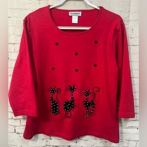 Serengeti Size Large 100% Cotton Shirt Red Black Kitsch CAT Motif 3/4 Sleeve